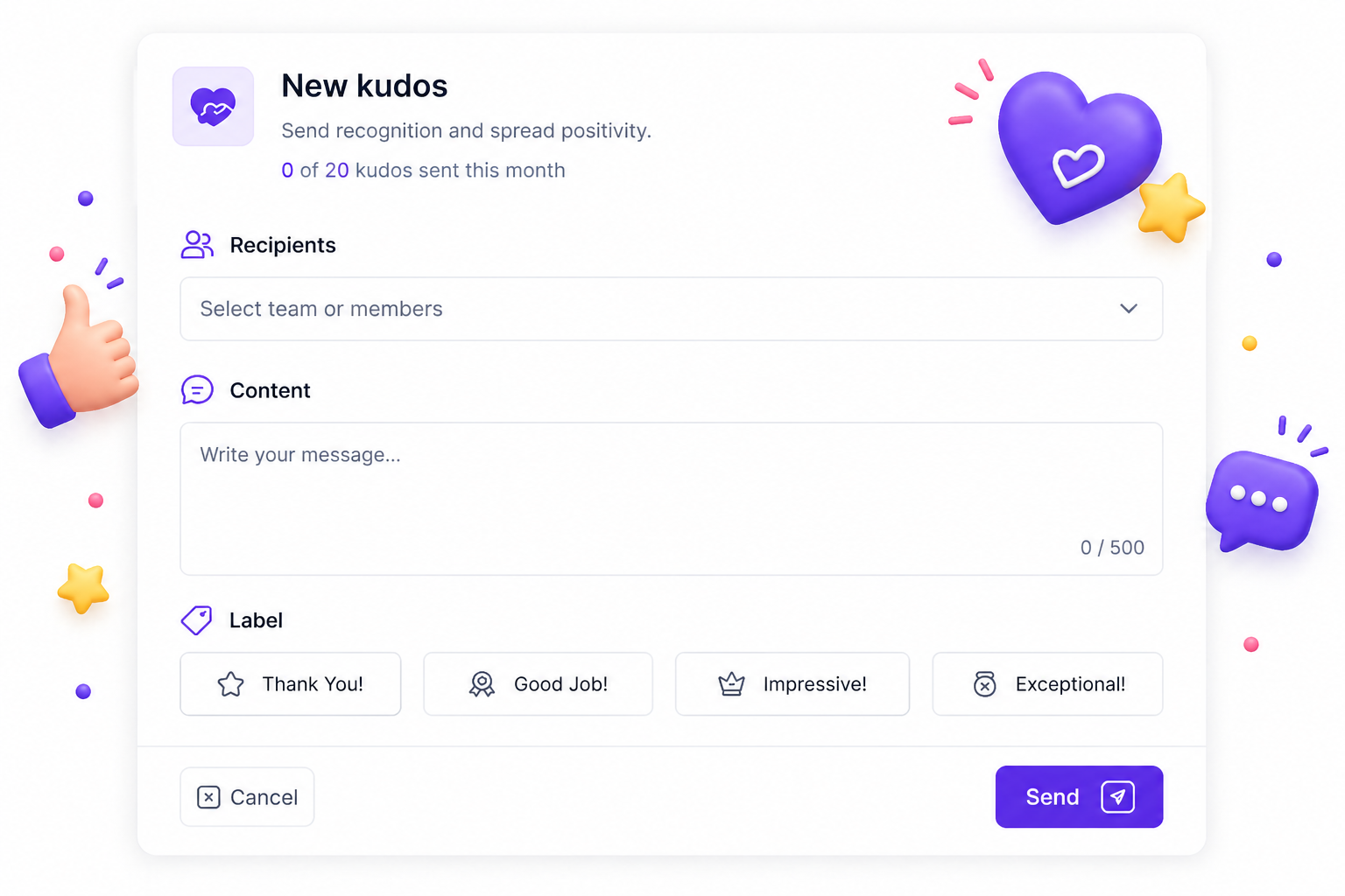 Employee recognition software Kudos dashboard preview